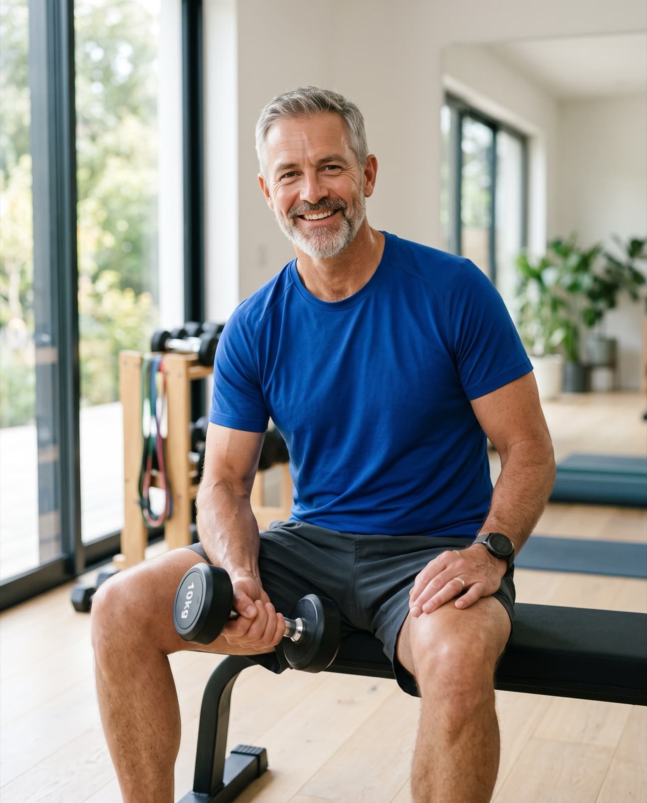 A smiling man resting between sets with a dumbbell in his home gym