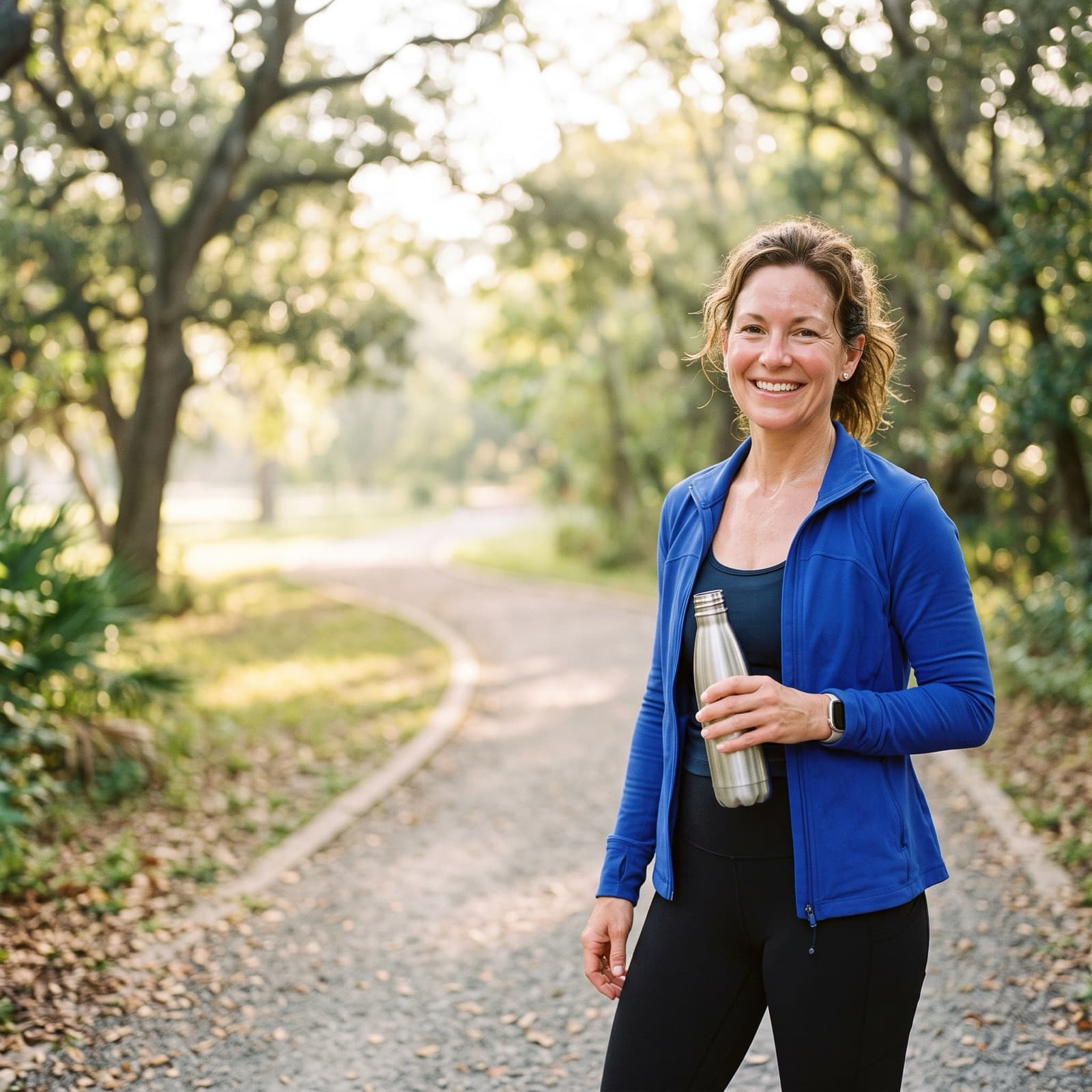 A smiling woman in workout clothes holding a water bottle on a park path